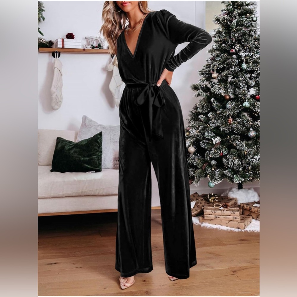 Velvet Wide Leg Jumpsuit Dressy VNeck Belted Romper Fall Outfit with Pocket